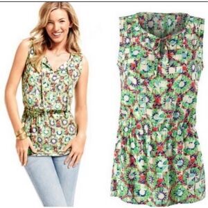 CABI Women’s Green Purple Kaleidoscope Print Sleeveless Tunic Top Size Medium St